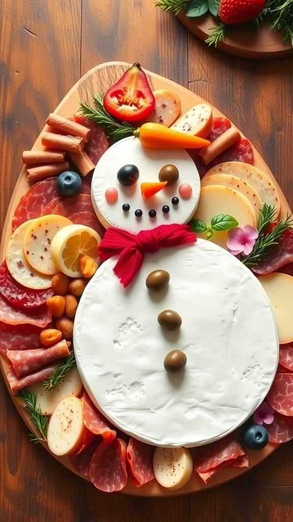 Festive Snowman Charcuterie Board for Christmas A snowman-shaped charcuterie board with cheeses, meats, olives, and fruits for Christmas.